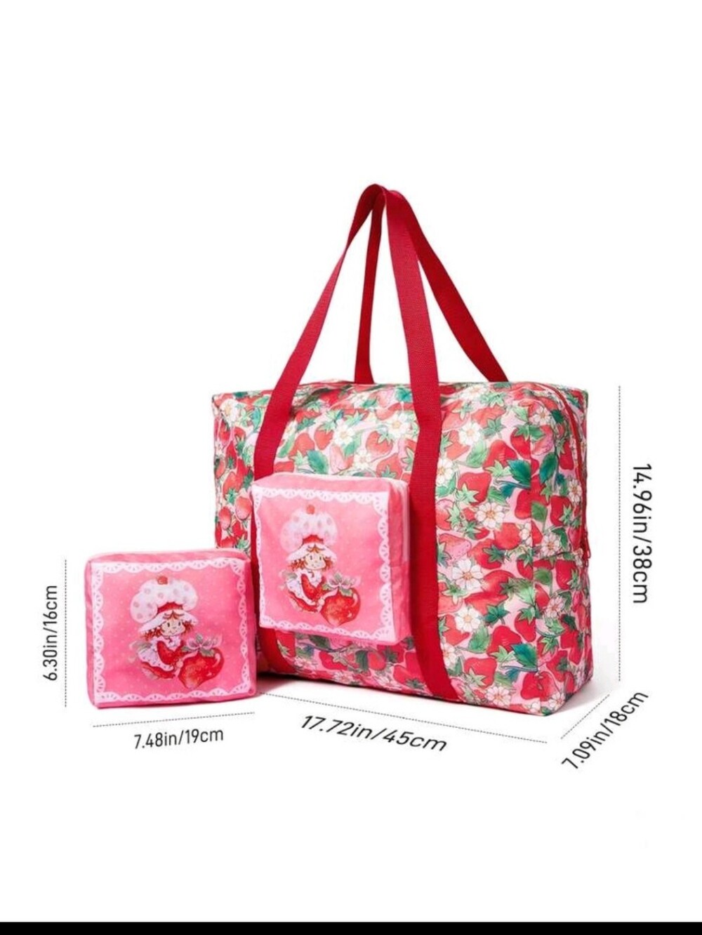Strawberry Shortcake Floral Foldable Travel Tote with Red Straps